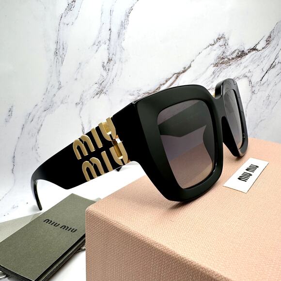 New MIU MIU Sunglasses Black Square 2026 Gold Metal Logo Women Authentic w/ Case